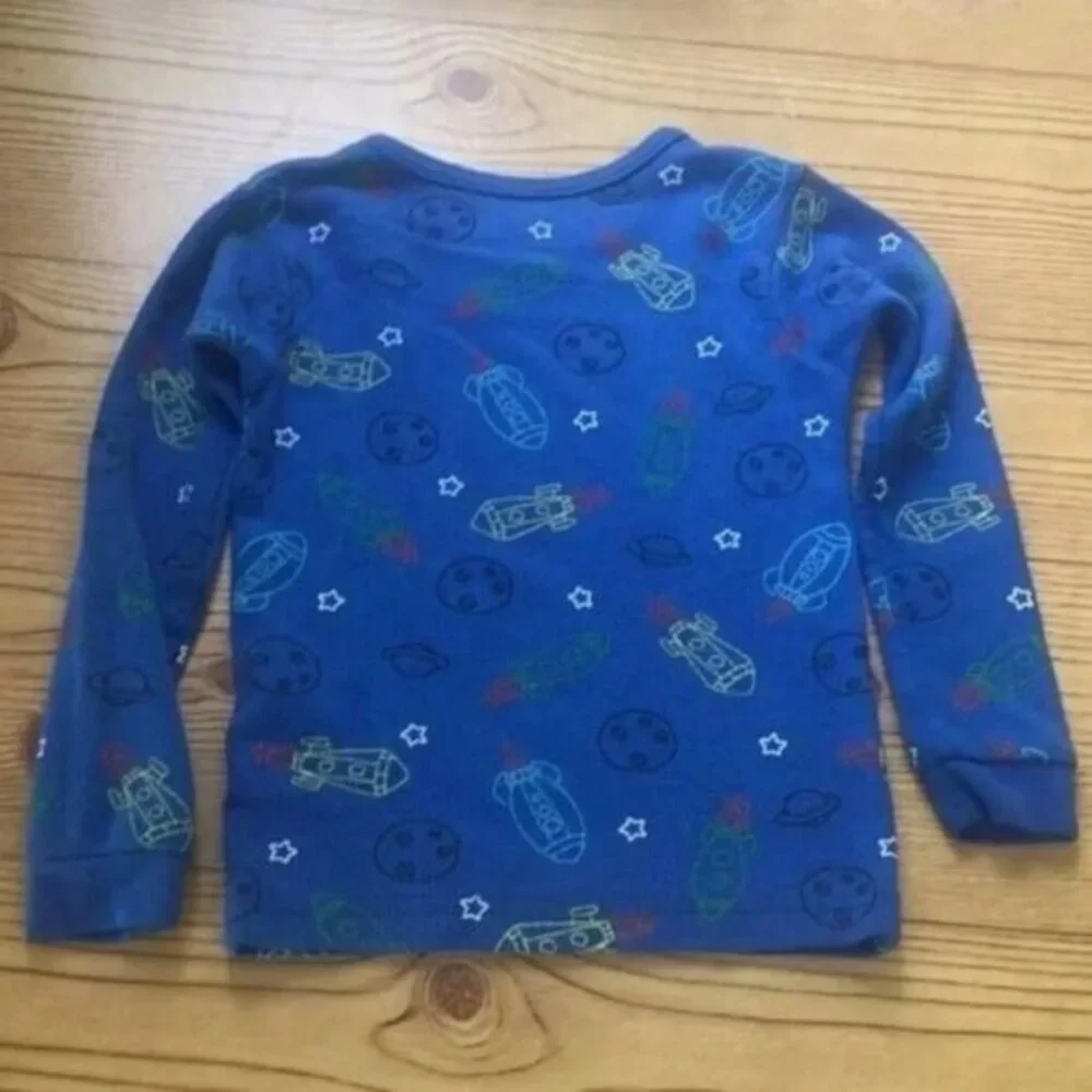 Boys Blue Rocket Ship Long Sleeve Top Graphic Tee Space Pattern‎